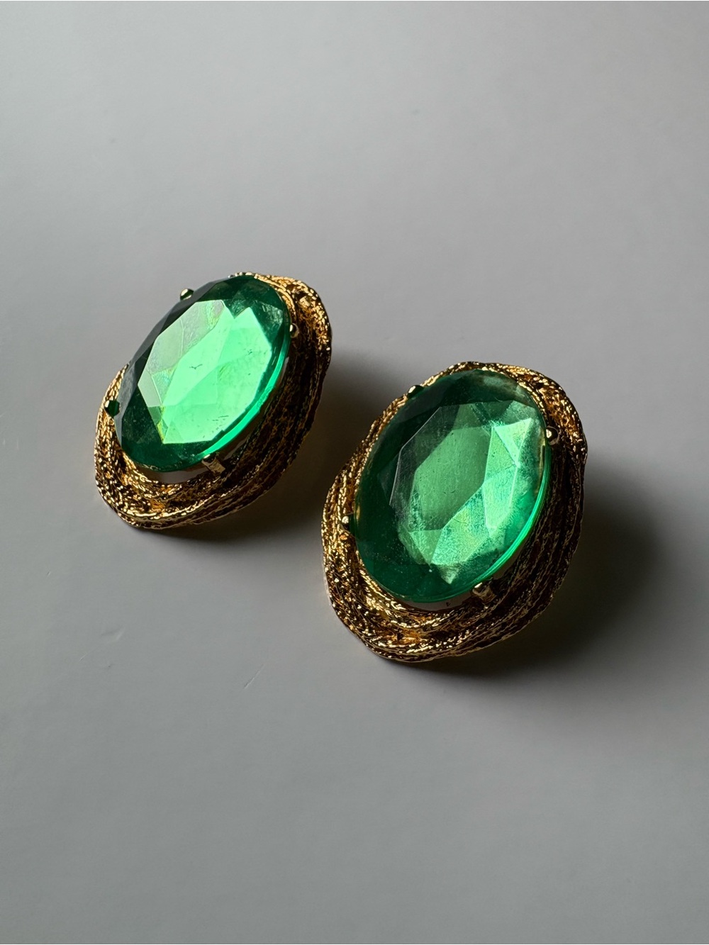 Vintage Gold Emerald Green Gemstone Jewel Post Earrings Cabochon Faceted Gripoix